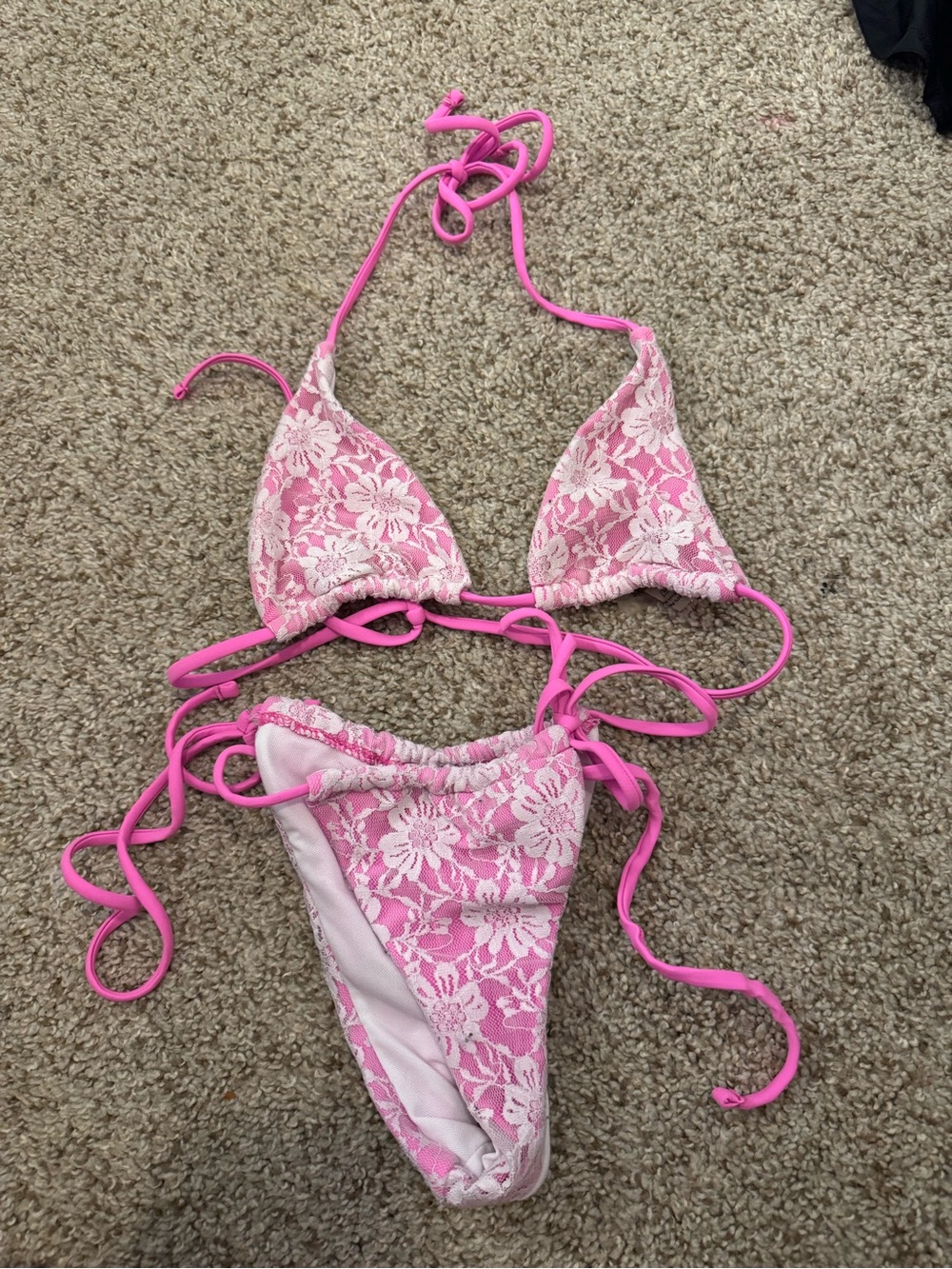 SHEIN Pink and White Lace Triangle String Bikini
